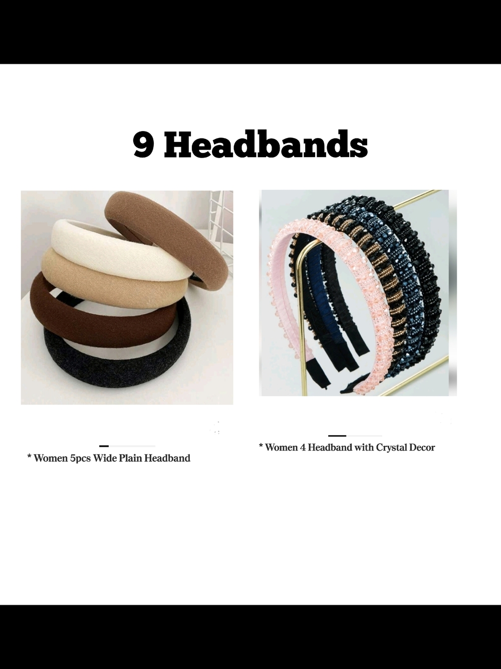 Women’s 9-Pack Padded and Crystal  Headbands - Neutral & Black